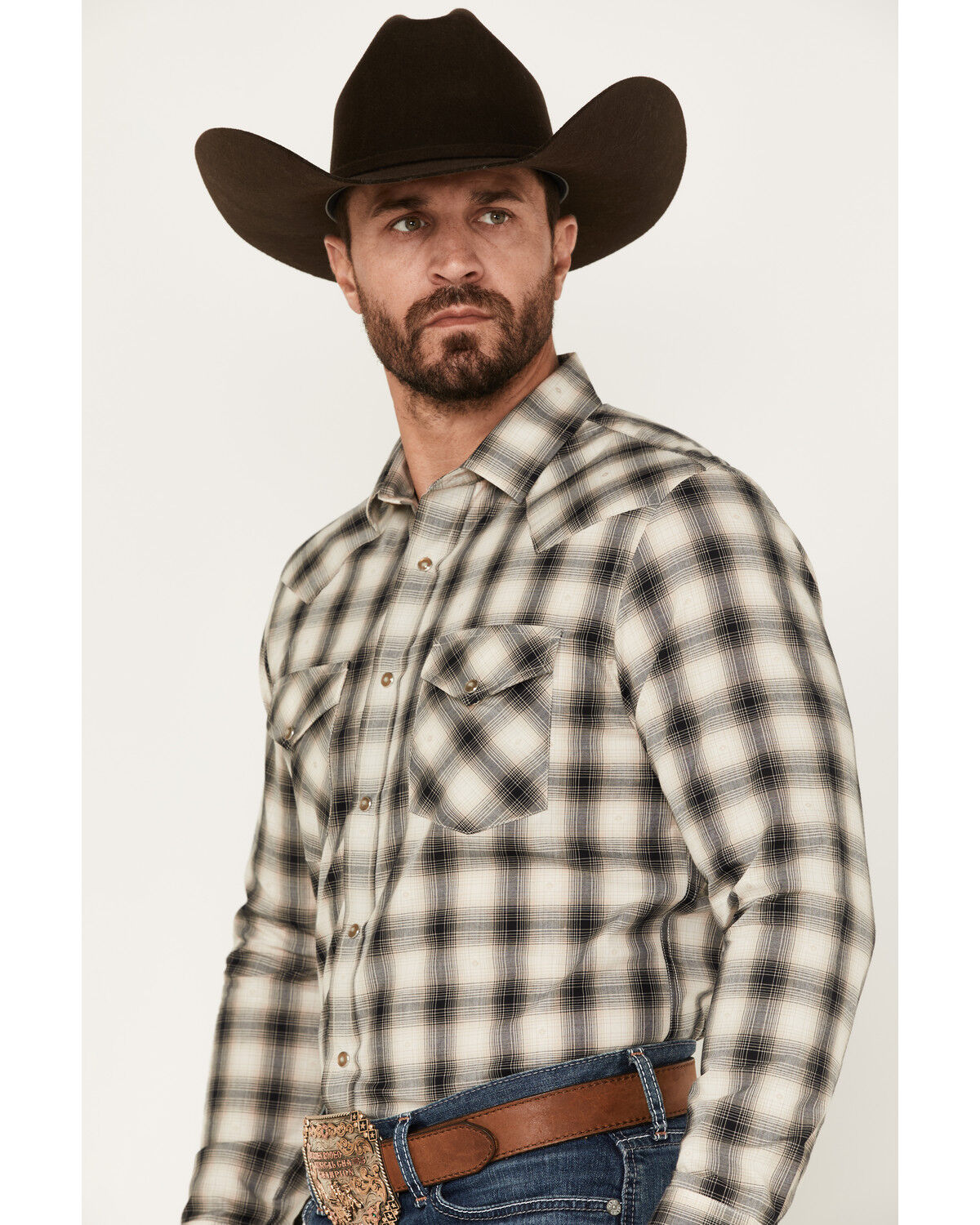 Image #2 - Pendleton Men's Frontier Dobby Ombre Plaid Snap Western Shirt, Tan, hi-res