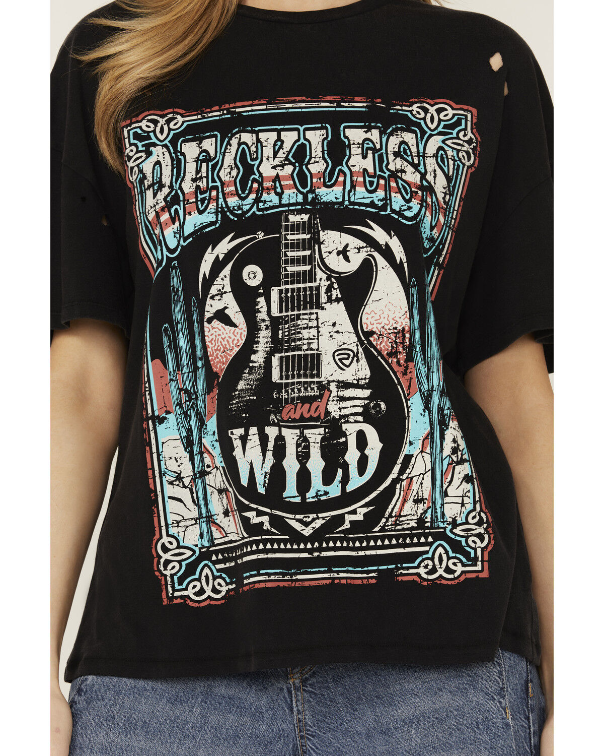 Image #3 - Rock & Roll Denim Women's Reckless and Wild Guitar Short Sleeve Graphic Tee, Black, hi-res