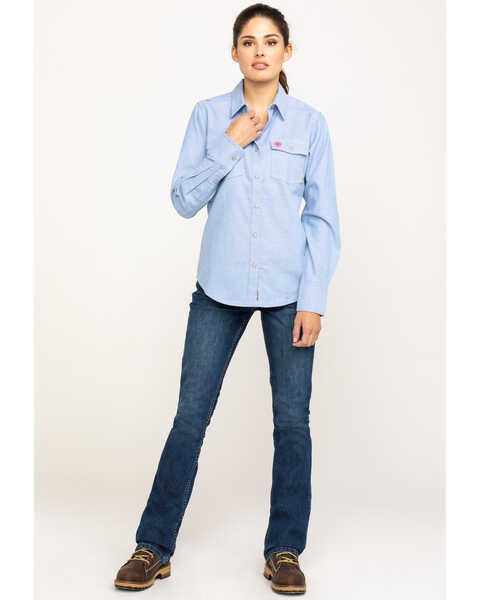 Image #6 - Ariat Women's FR Solid DuraStretch Long Sleeve Snap Work Shirt, Blue, hi-res