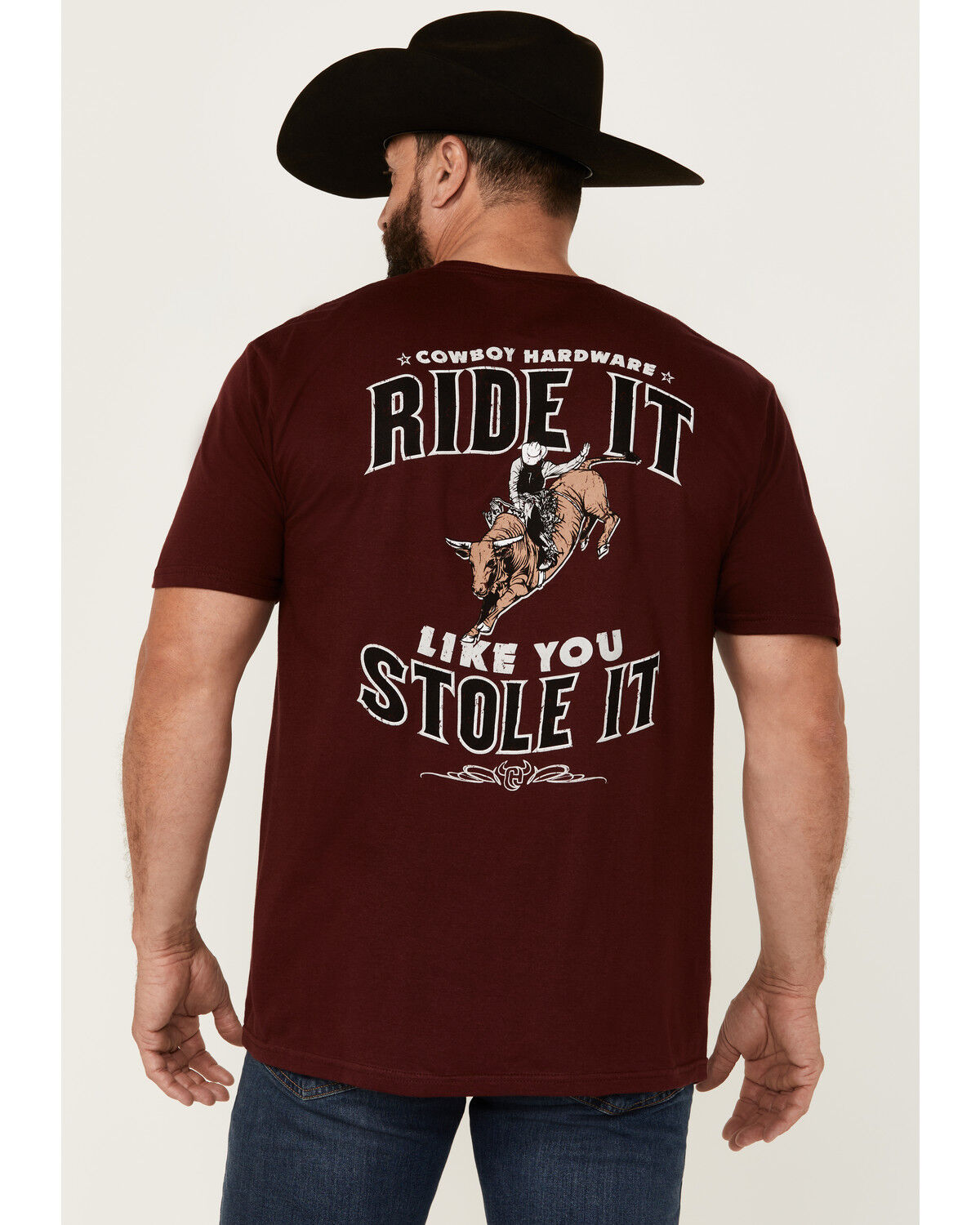 Image #1 - Cowboy Hardware Men's Boot Barn Exclusive Ride It Like You Stole It Short Sleeve Graphic T-Shirt, Maroon, hi-res