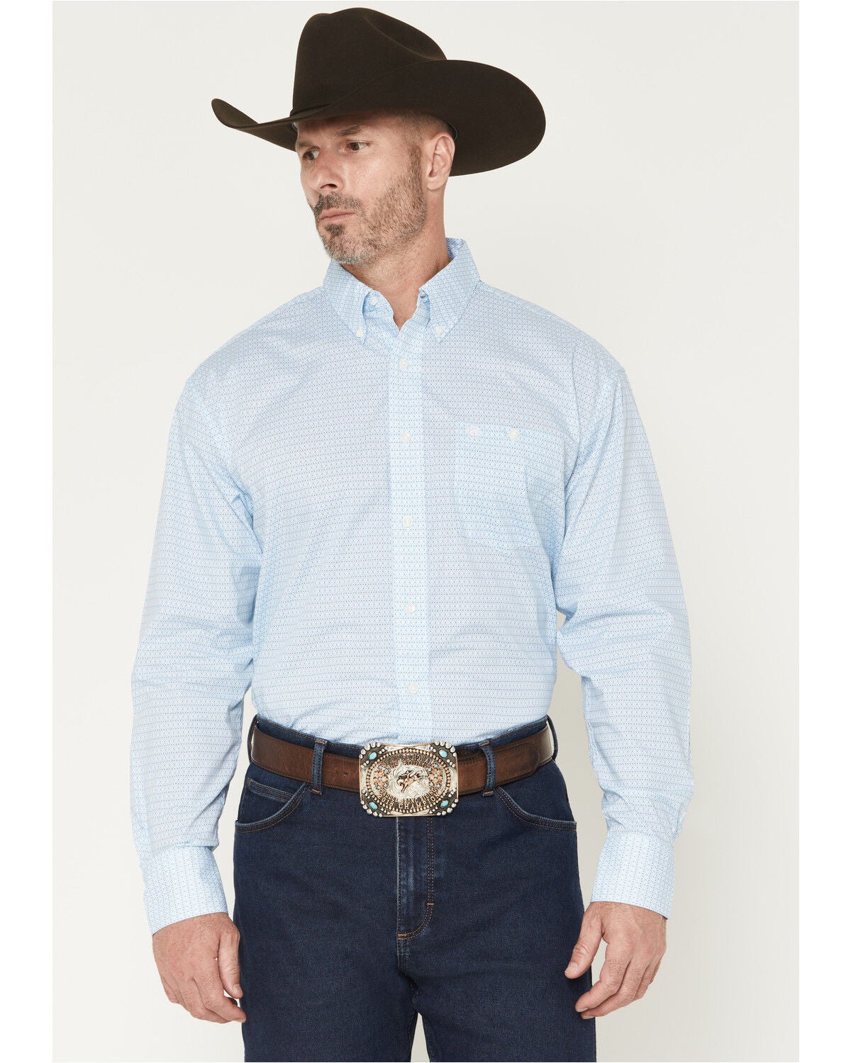 Image #1 - Wrangler Men's Geo Print Long Sleeve Button-Down Stretch Western Shirt - Tall, Blue, hi-res
