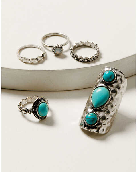 Image #1 - Shyanne Women's Turquoise Oversized Linear 5 Piece Stone Ring Set , Silver, hi-res