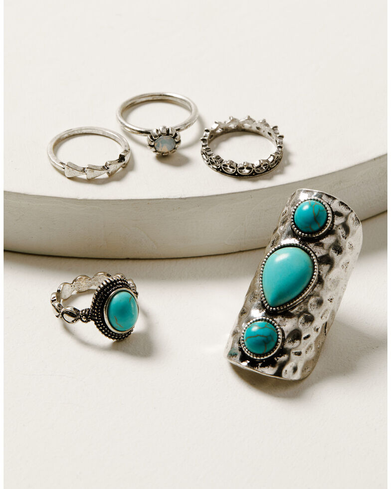 Shyanne Women's Turquoise Oversized Linear 5 Piece Stone Ring Set , Silver, hi-res