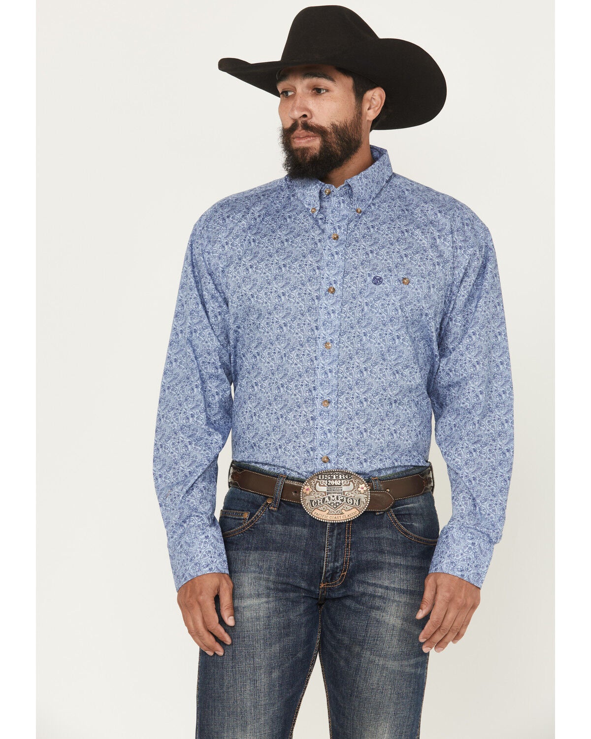 Wrangler Men's Paisley Print Long Sleeve Button-Down Stretch Western Shirt, Blue, hi-res