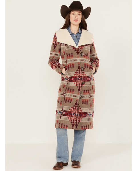 Image #1 - Powder River Outfitters Women's Southwestern Print Long Jacquard Wool Coat , Taupe, hi-res