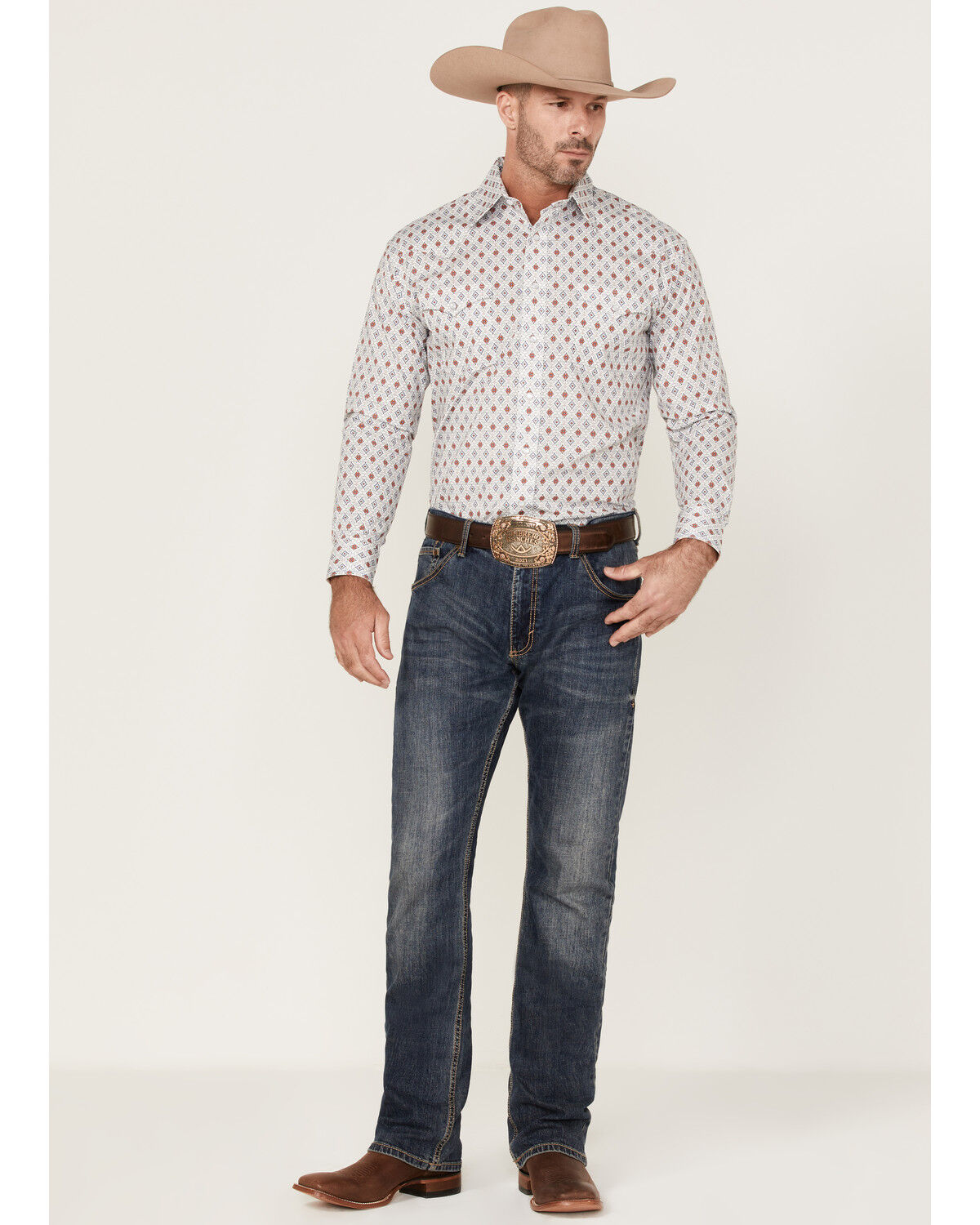 Image #2 - Rough Stock By Panhandle Men's Fancy Diamond Print Long Sleeve Pearl Snap Western Shirt, Orange, hi-res