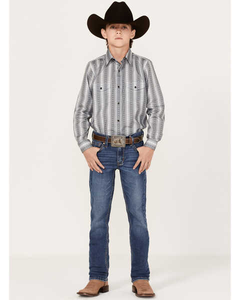 Image #2 - Panhandle Boys' Zig Zag Stripe Print Long Sleeve Western Snap Shirt, Silver, hi-res