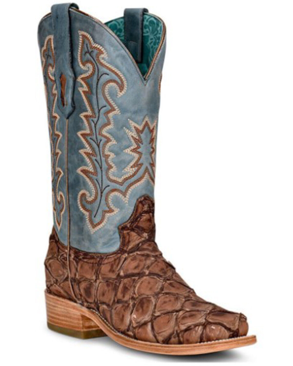 Image #1 - Corral Women's Piracuhu Exotic Embroidered Western Boots - Broad Square Toe, Brown/blue, hi-res