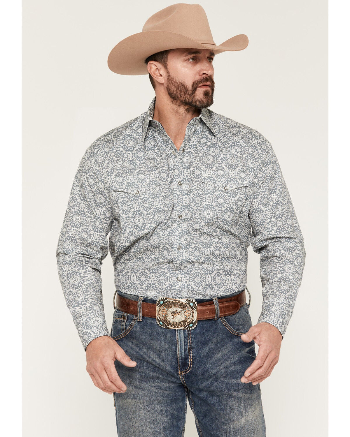 Image #1 - Stetson Men's Medallion Print Long Sleeve Snap Western Shirt, Grey, hi-res