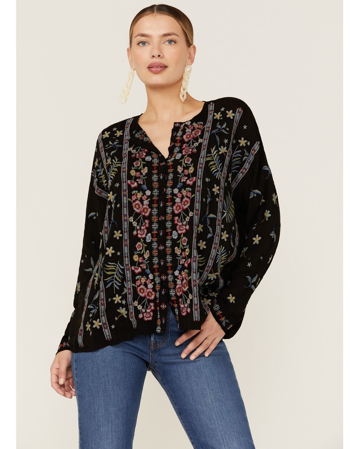 Image #1 - Johnny Was Women's Garden Embroidered Stripe Blouse, Black, hi-res