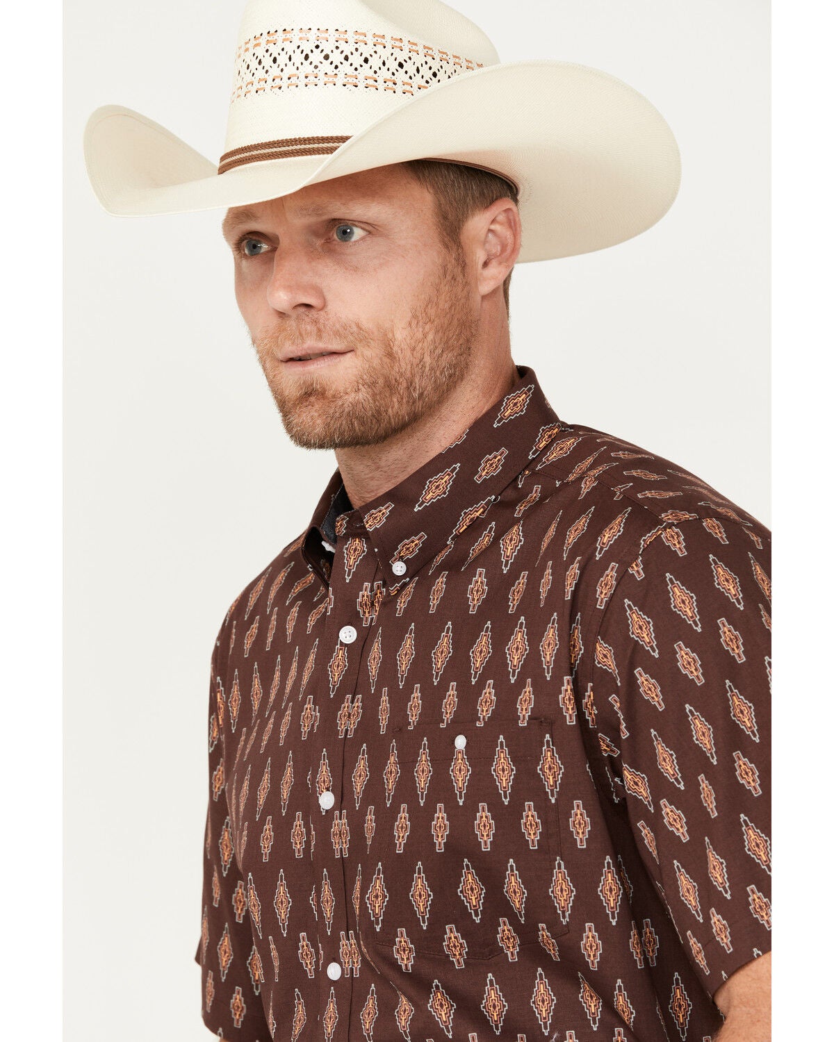 Image #3 - RANK 45&reg; Men's Cash Geo Print Short Sleeve Button-Down Stretch Western Shirt, Brown, hi-res