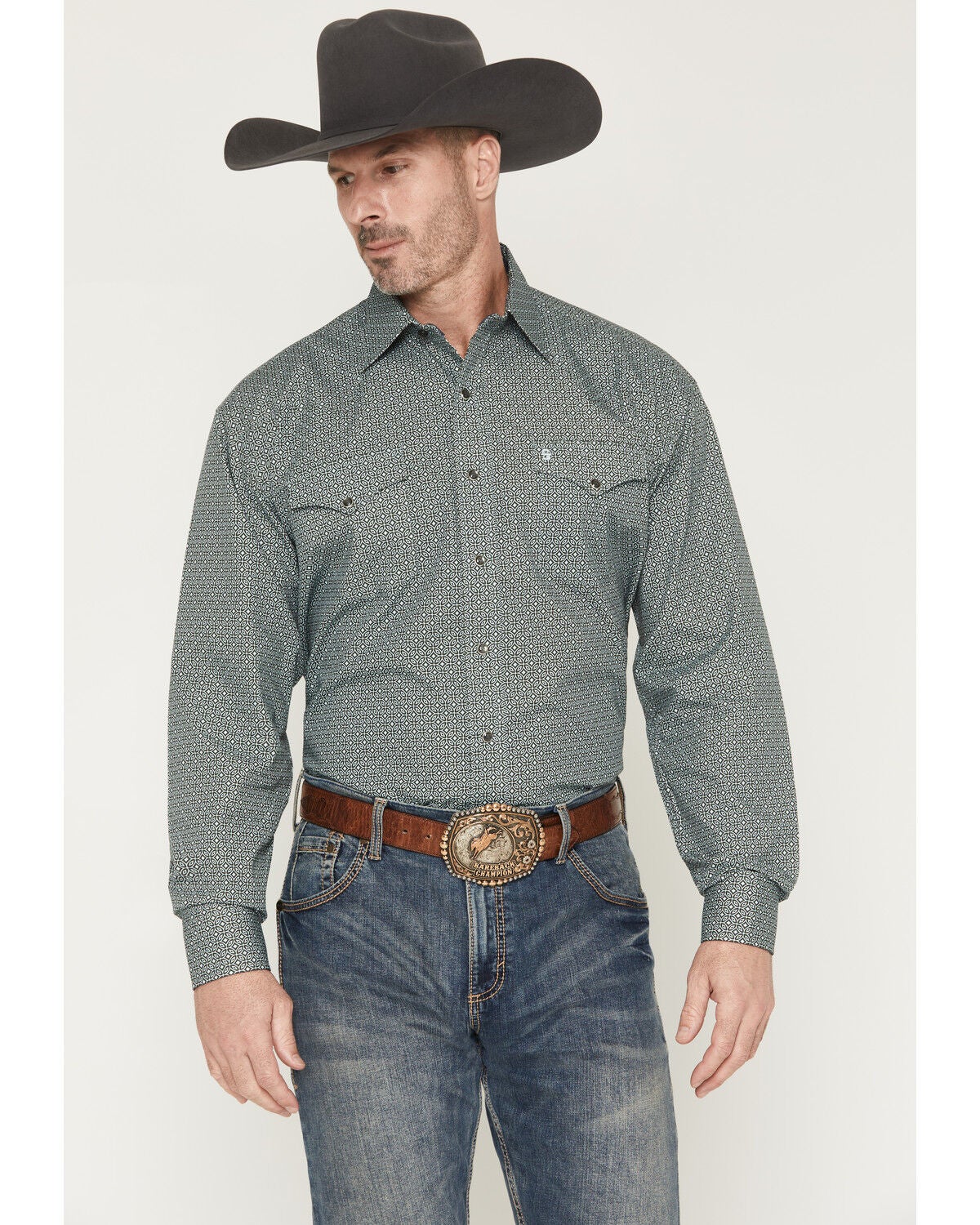 Image #1 - Stetson Men's Geo Print Long Sleeve Snap Western Shirt, Green, hi-res