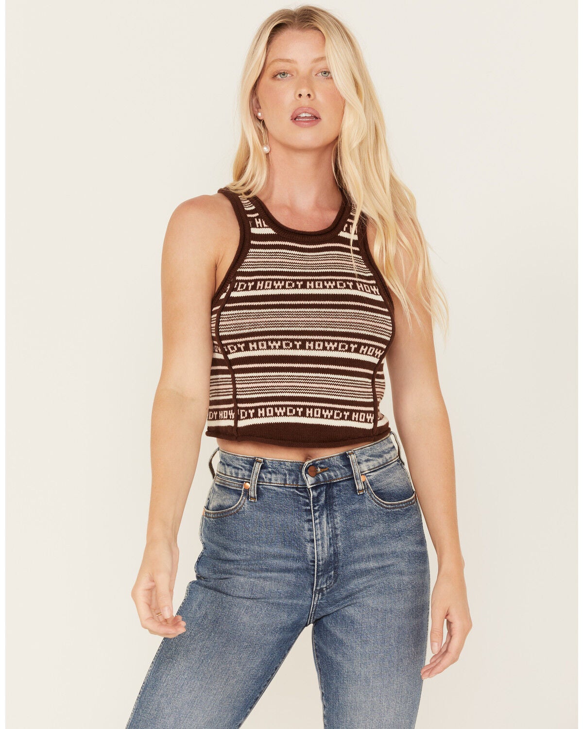 Beyond The Radar Women's Howdy Stripe Knit Sweater Cropped Tank Top, Brown, hi-res