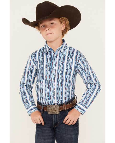 Image #1 - Wrangler Boys' Checotah Striped Long Sleeve Pearl Snap Western Shirt, Blue, hi-res