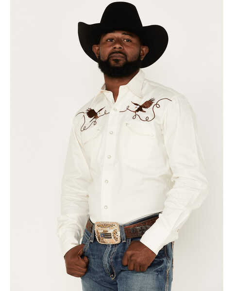 Image #1 - Roper Men's Old West Long Sleeve Pearl Snap Western Shirt, White, hi-res