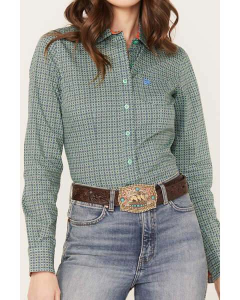 Image #3 - Cinch Women's Geo Print Long Sleeve Button Down Western Shirt, Green, hi-res