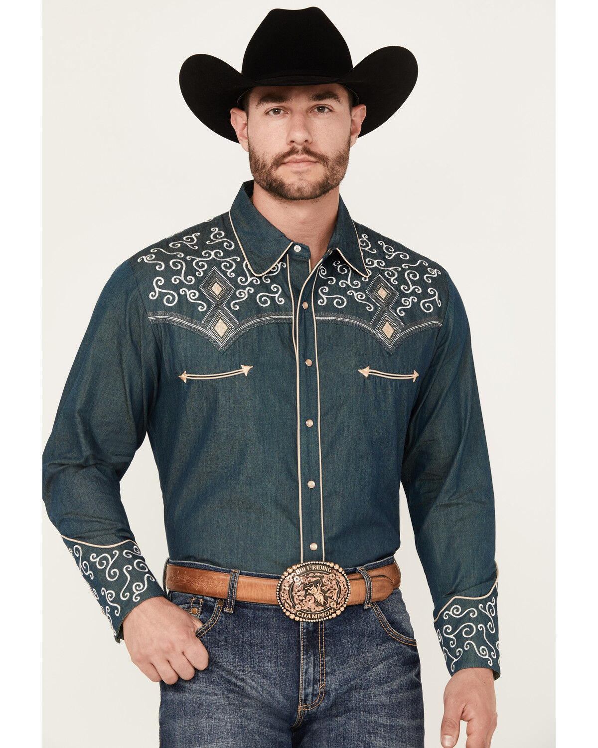Image #1 - Scully Men's Denim Scroll Embroidered Long Sleeve Pearl Snap Western Shirt, Navy, hi-res