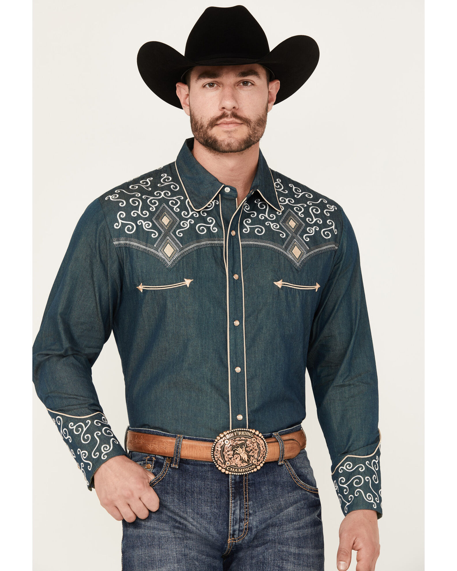 Mens denim pearl snap shirt top
