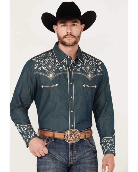 Scully Men's Denim Scroll Embroidered Long Sleeve Pearl Snap Western Shirt , Navy, hi-res