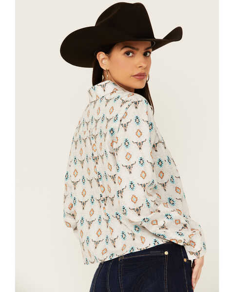 Image #4 - Panhandle Women's Steer Print Long Sleeve Snap Western Shirt, Off White, hi-res