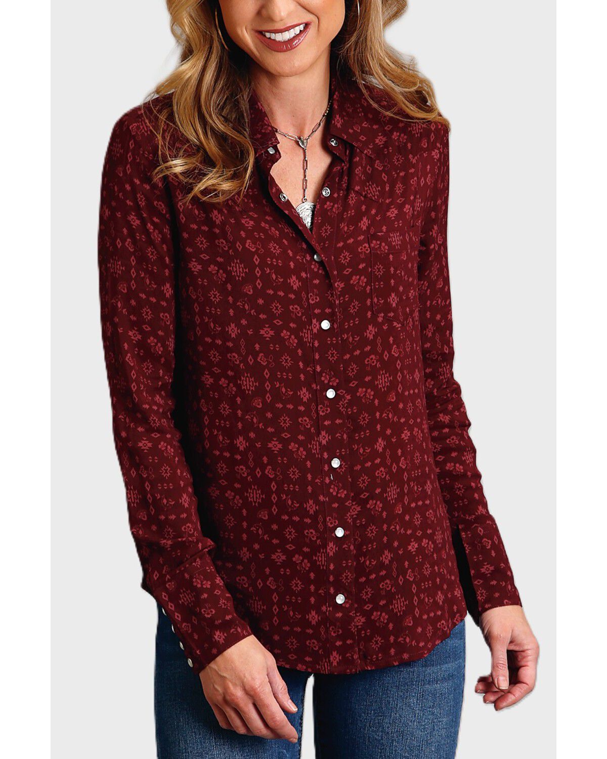 Image #1 - Stetson Women's Western Ditsy Printed Long Sleeve Snap Western Shirt, Wine, hi-res