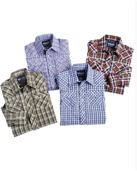Image #1 - Wrangler Boys' Assorted Plaid Long Sleeve Pearl Snap Western Shirt , Plaid, hi-res