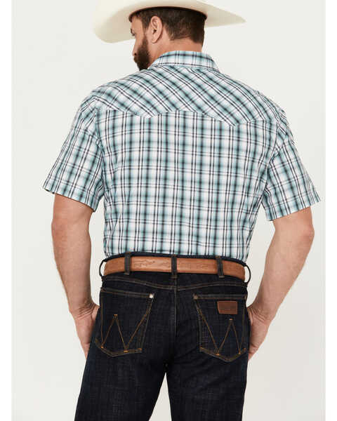 Image #4 - Wrangler Men's Plaid Print Short Sleeve Snap Western Shirt, Teal, hi-res