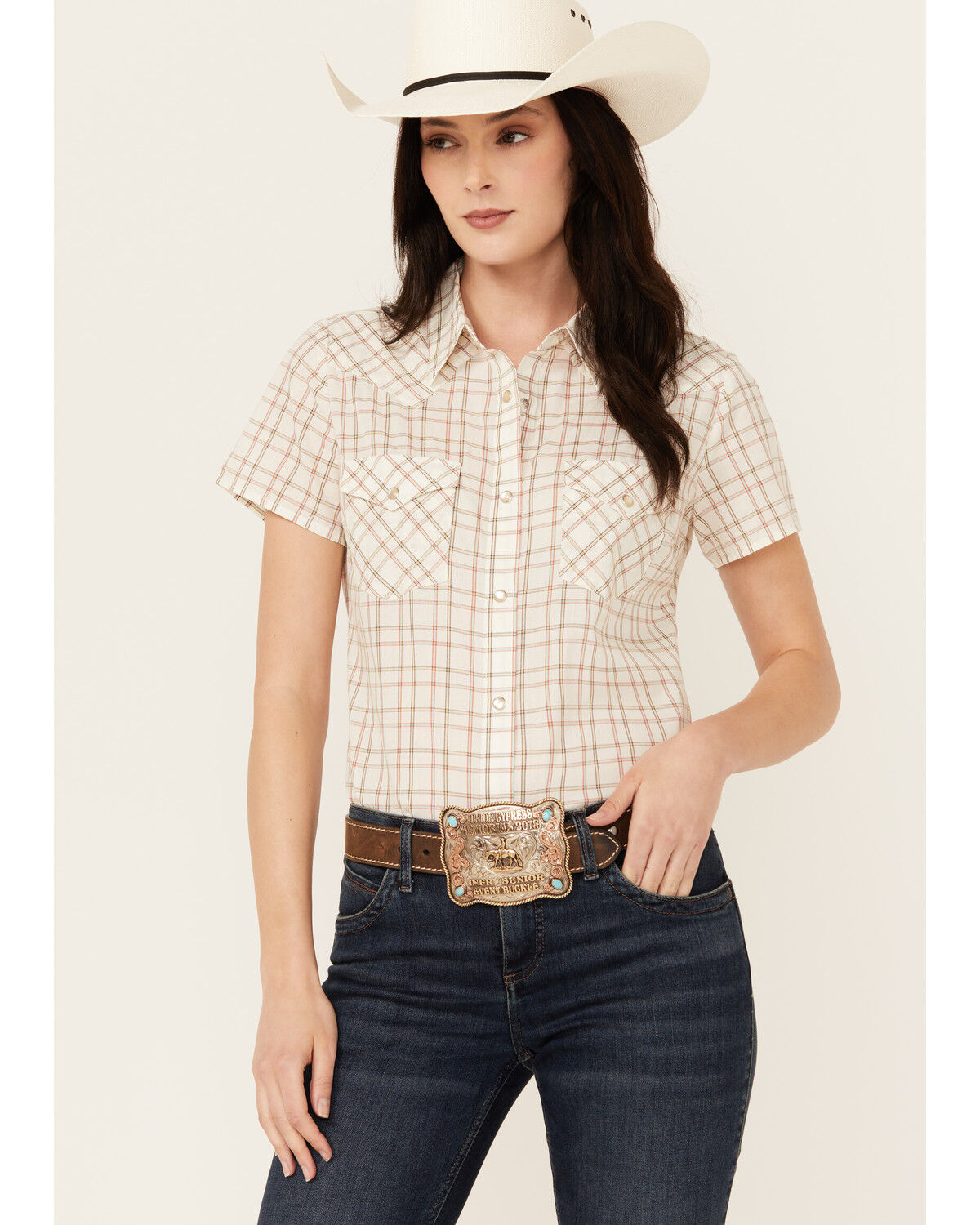 Image #1 - Wrangler Women's Plaid Print Short Sleeve Pearl Snap Western Shirt, , hi-res