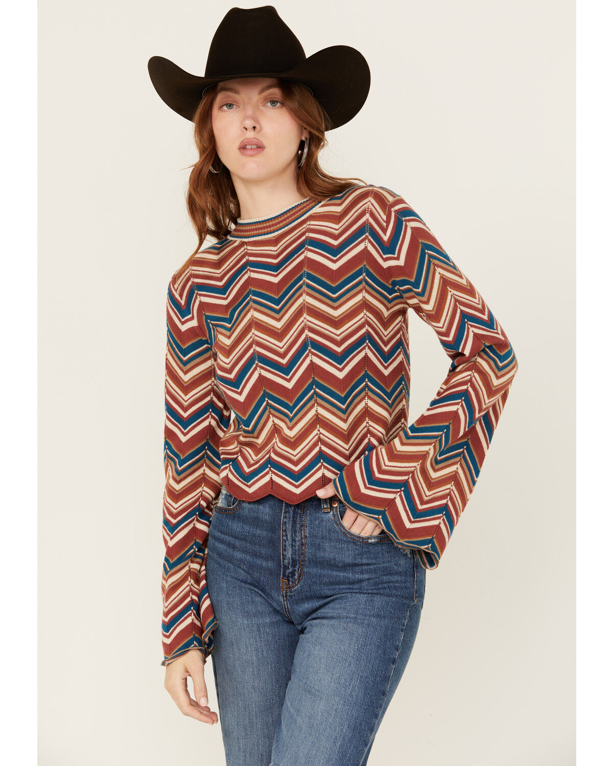 Image #1 - Rock & Roll Denim Women's Zig Zag Print Long Sleeve Bell Sweater, Rust Copper, hi-res