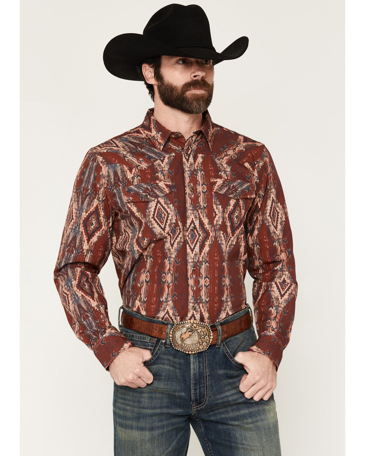 RANK 45&reg; Men's Fireball Southwestern Long Sleeve Snap Stretch Performance Western Shirt, Red, hi-res