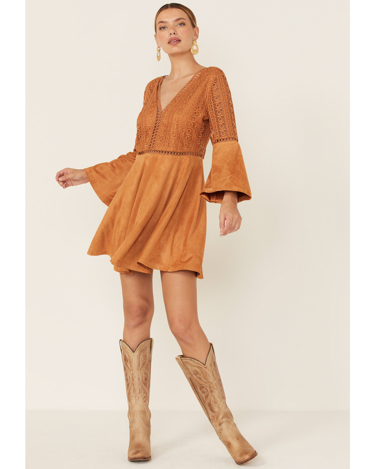 Image #1 - Beyond The Radar Women's Cut-Out Bell Sleeve Mini Dress, Tan, hi-res