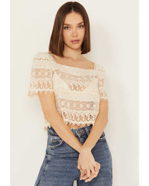 Image #1 - By Together Women's Crochet Short Sleeve Peasant Top, Cream, hi-res