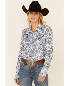 Panhandle Women's Ivory & Blue Floral Print Long Sleeve Snap Western Core Shirt , Blue, hi-res