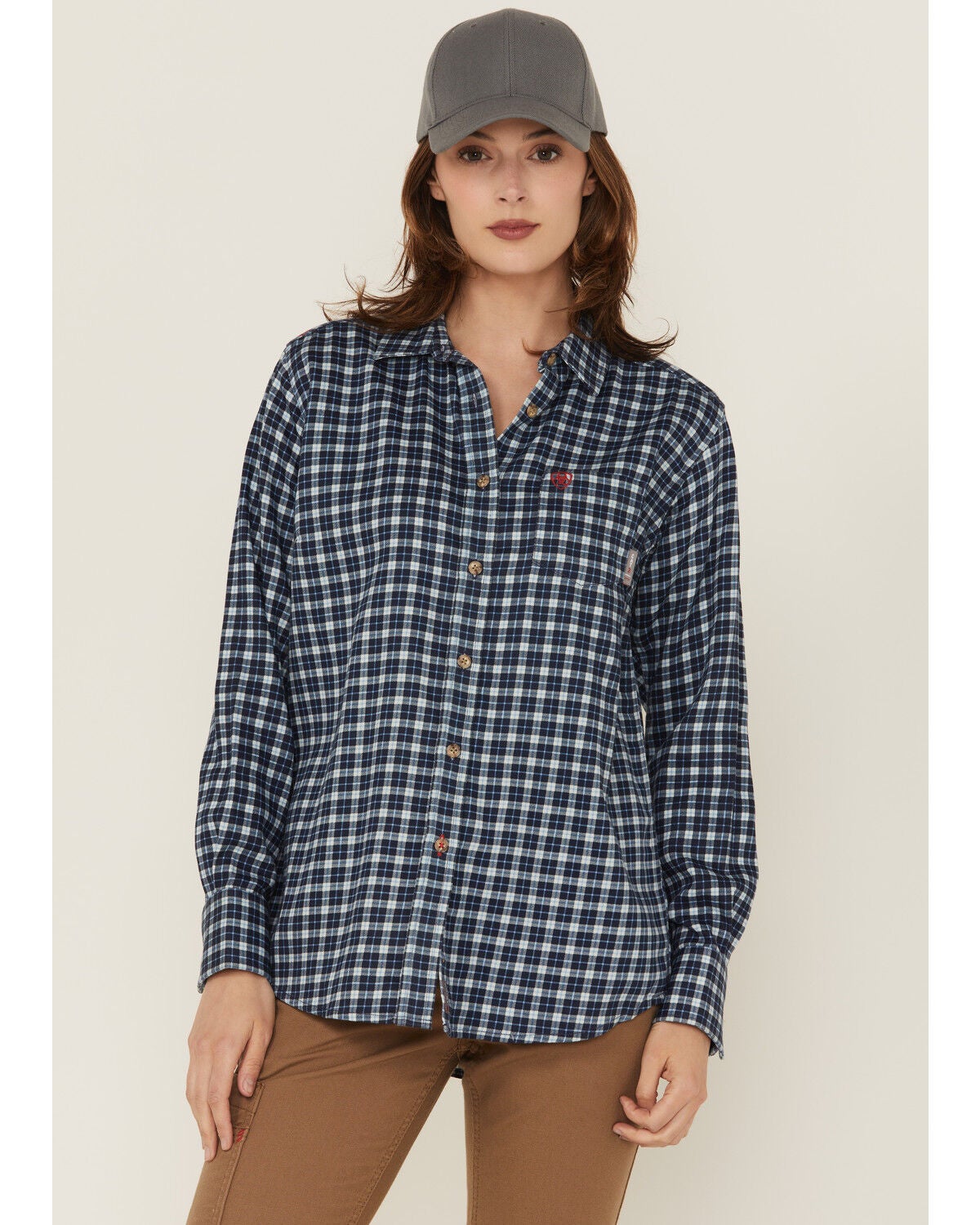 Ariat Women's FR Angeles Plaid Print Long Sleeve Button-Down Work Shirt, Navy, hi-res