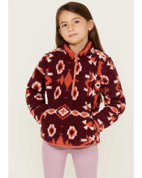 Wrangler Girls' Southwestern Print Sherpa Pullover , Burgundy, hi-res