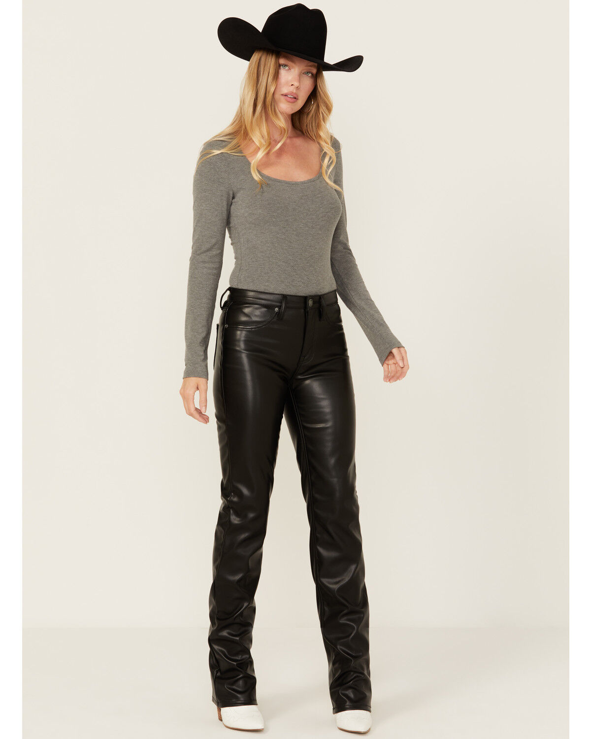 Image #1 - Rock & Roll Denim Women's High Rise Faux Leather Bargain Modest Bootcut Pants, Black, hi-res