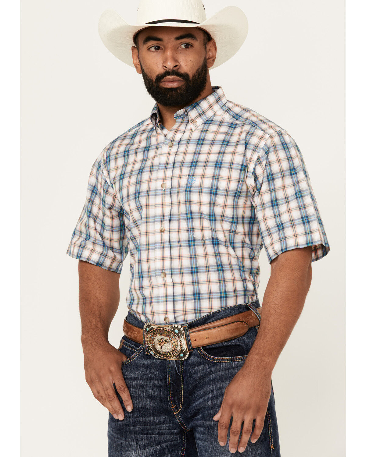 Image #1 - Ariat Men's Rowdy Plaid Print Short Sleeve Button-Down Performance Western Shirt, Blue, hi-res