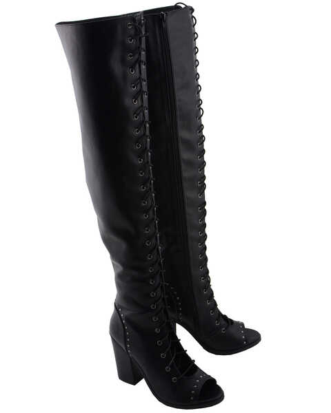 Milwaukee Leather Women's Open Toe Front Knee High Boots - Round Toe, Black, hi-res