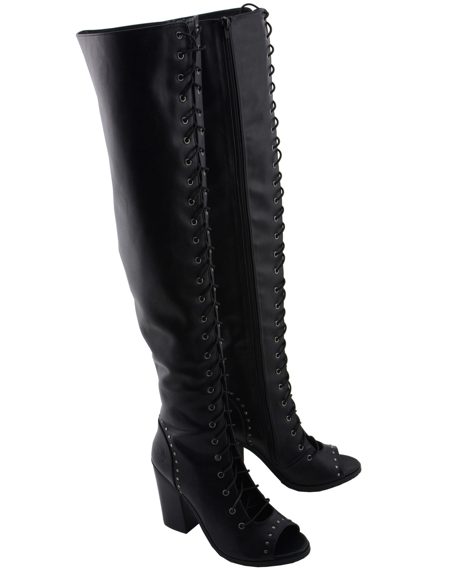 Open toe black online knee high boots