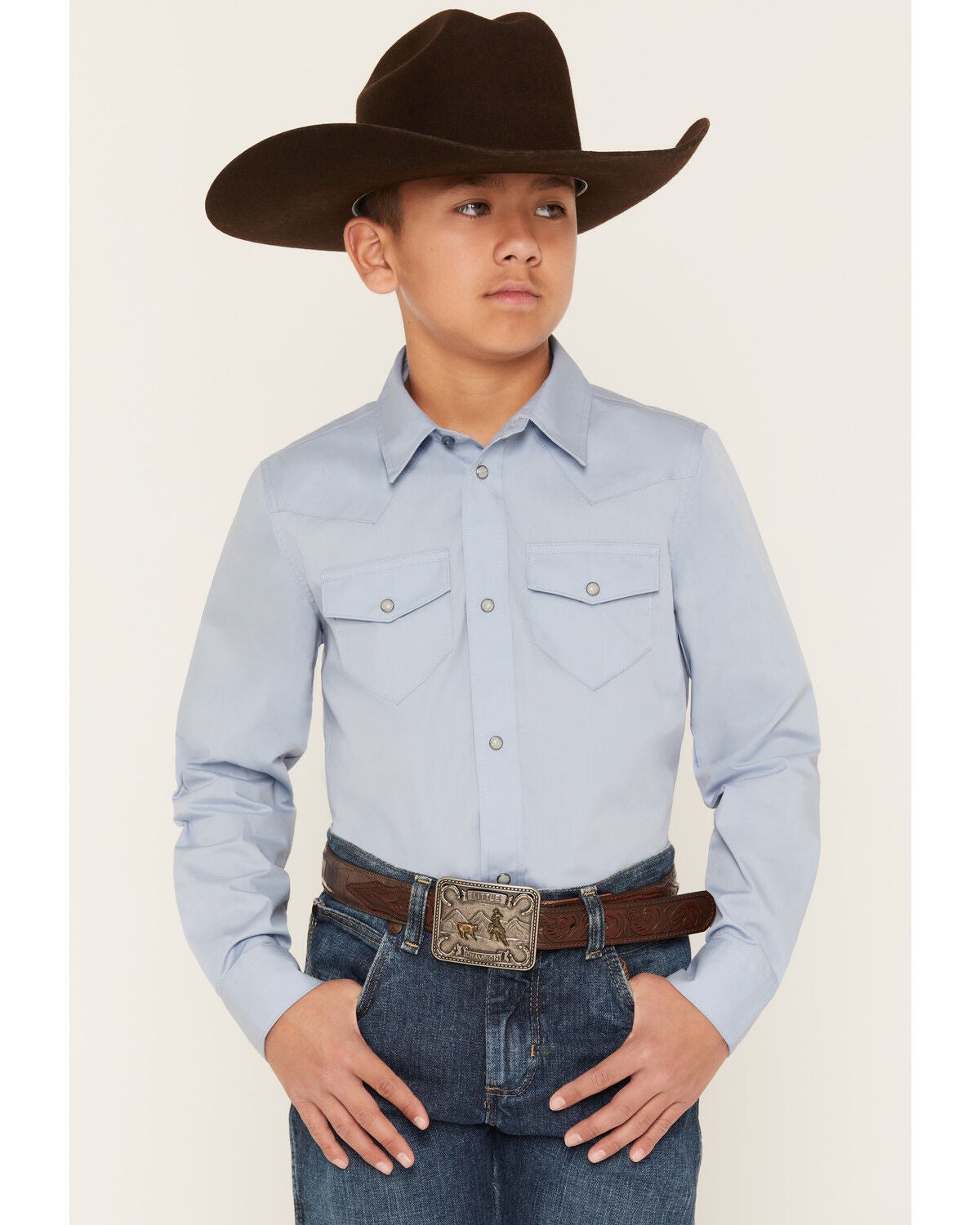 Gibson Trading Co Boys' Solid Long Sleeve Snap Western Shirt, Medium Blue, hi-res