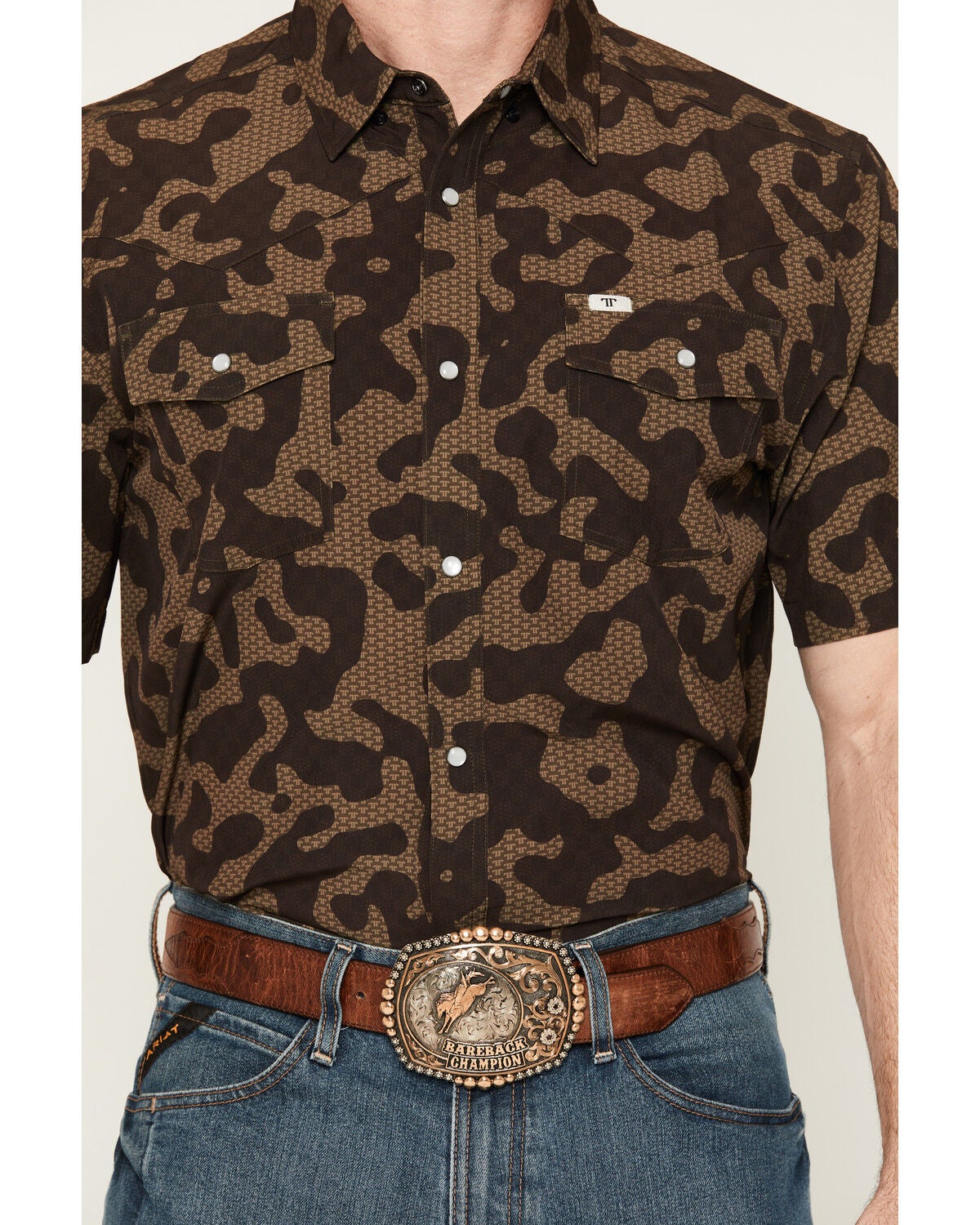 Image #3 - Ferrell Men's Gage Camo Print Short Sleeve Snap Stretch Western Shirt, Brown, hi-res