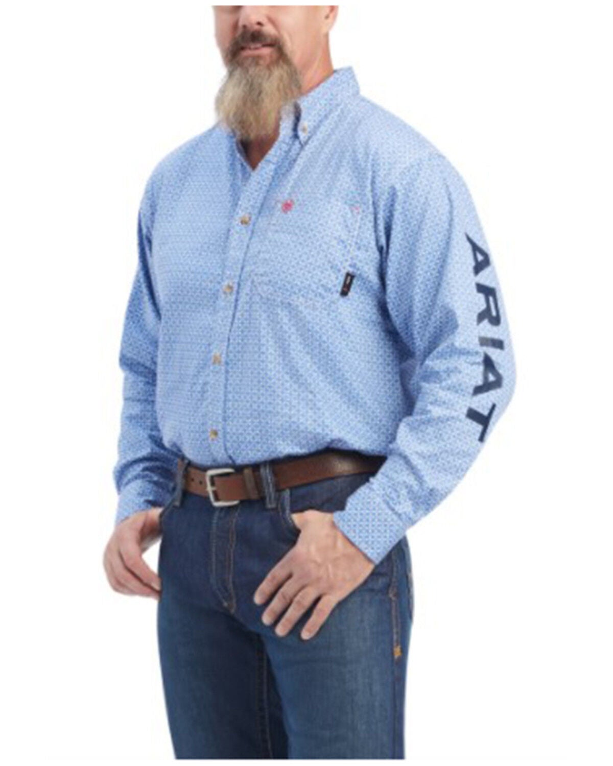 Ariat Men's FR Lanting Logo Geo Print Button Down Work Shirt, Turquoise, hi-res