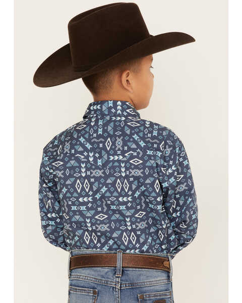 Roper Boys' West Made Southwestern Print Long Sleeve Western Pearl Snap Shirt, Blue, hi-res