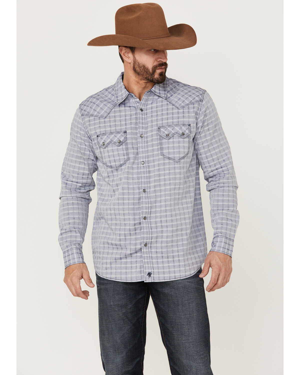 Image #1 - Moonshine Spirit Men's Jail Break Plaid Long Sleeve Snap Western Shirt, Navy, hi-res