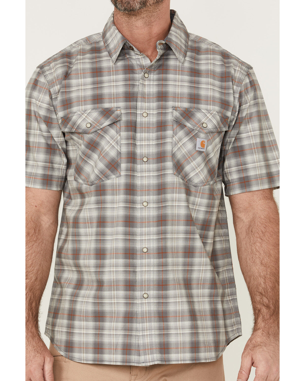 Image #3 - Carhartt Men's Rugged Flex® Steel Plaid Print Relaxed Short Sleeve Snap Western Shirt, Steel, hi-res