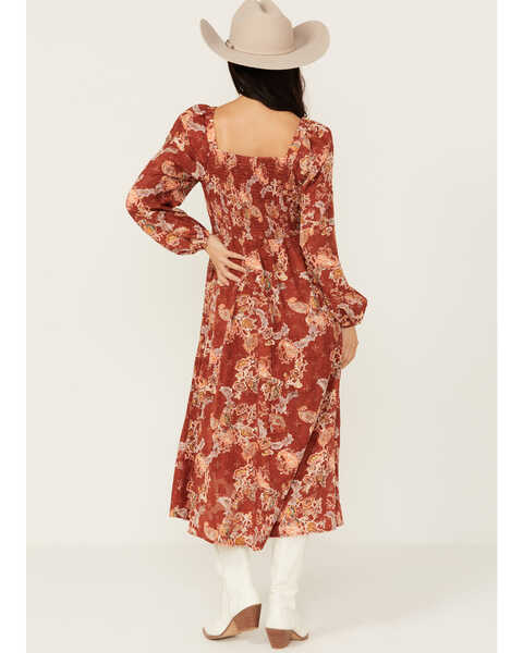 Image #4 - Jolt Women's Long Sleeve Floral Jacquard Chiffon Midi Dress, Rust Copper, hi-res