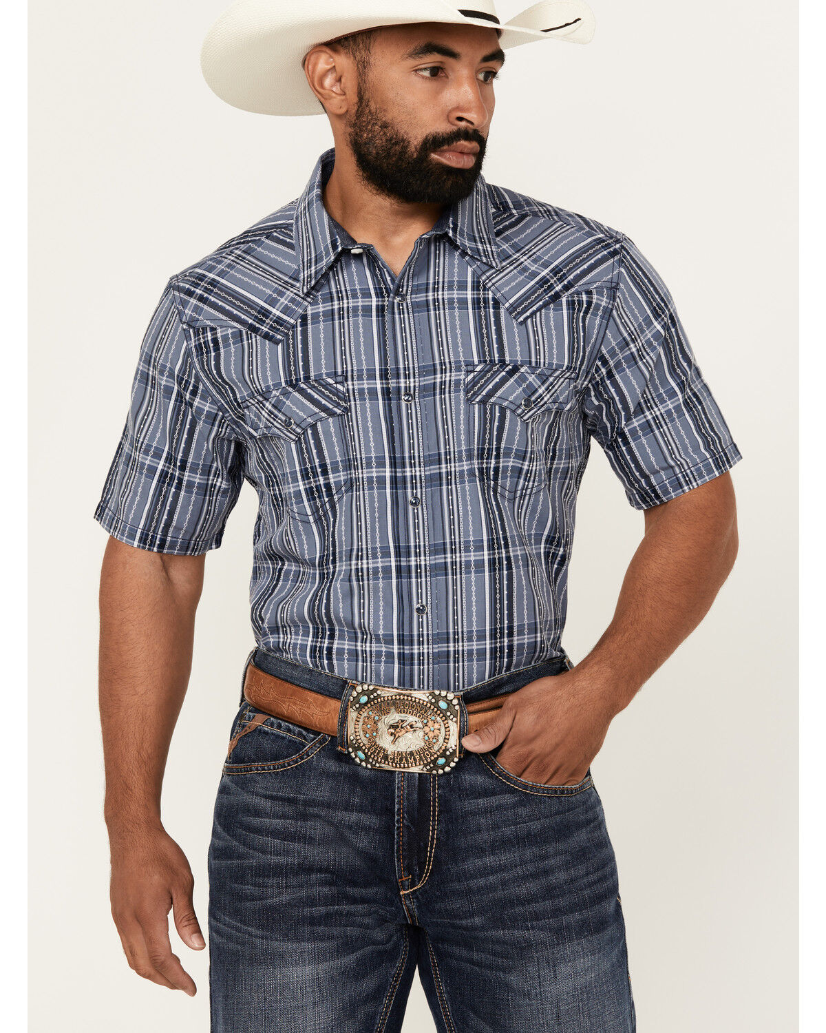 Image #1 - Cody James Men's Blue Lights Plaid Print Short Sleeve Snap Western Shirt, Light Blue, hi-res