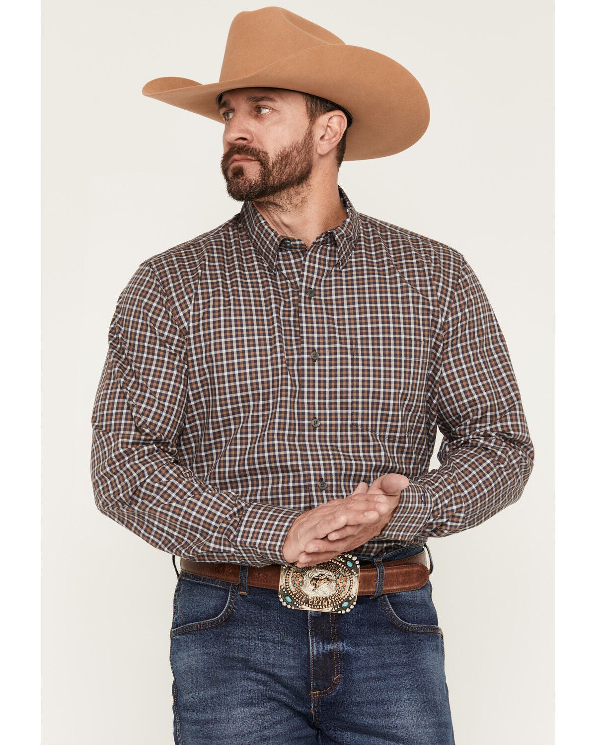 Wrangler X Cody Johnson Men's Plaid Print Long Sleeve Button-Down Western Shirt, Navy, hi-res