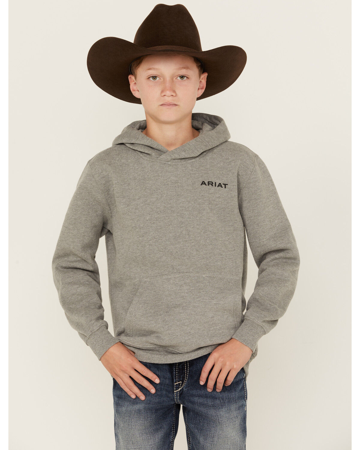 Image #1 - Ariat Boys' Logo Graphic Hooded Sweatshirt, Grey, hi-res