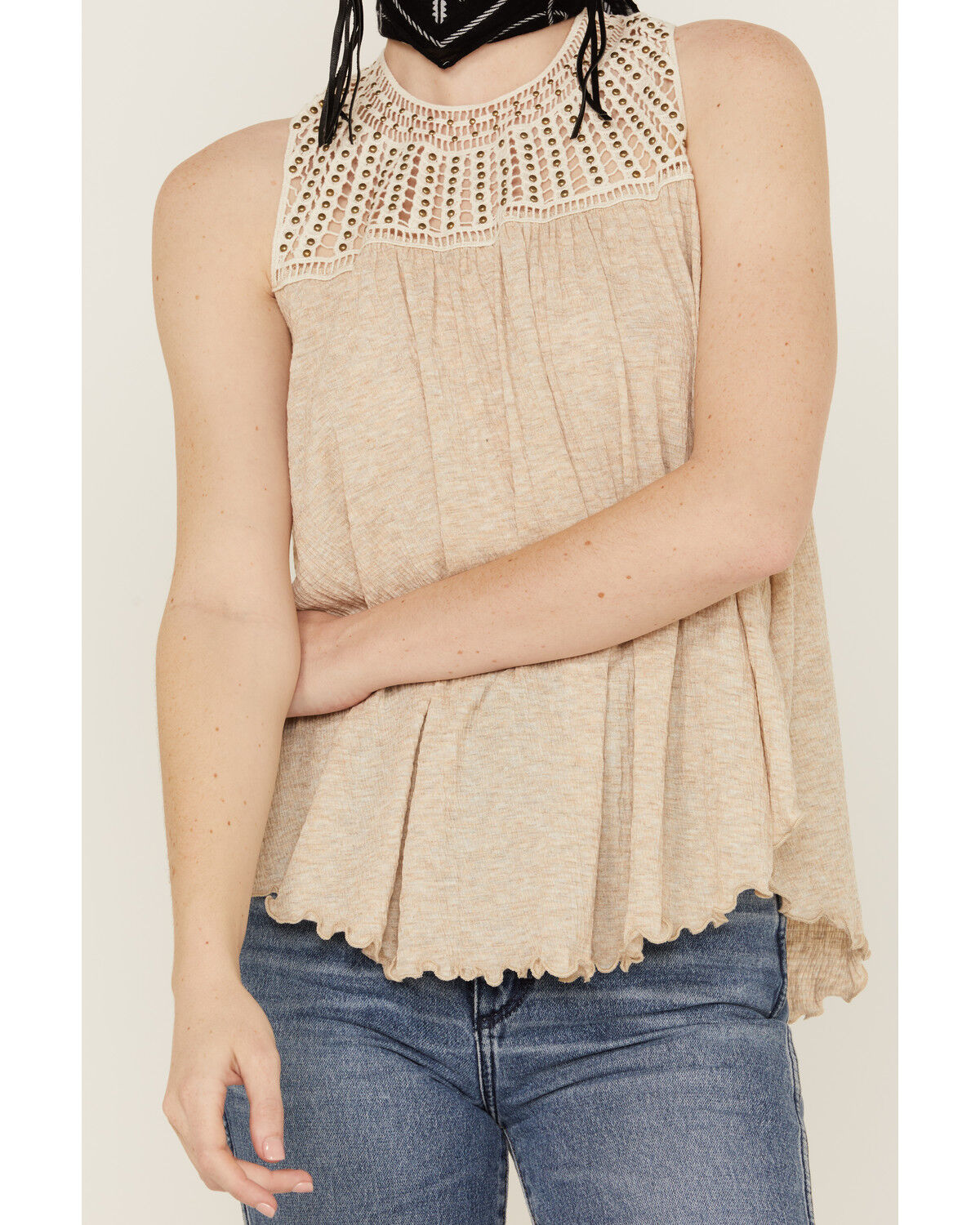 Image #2 - Wild Moss Women's Crochet Studded Yoke Flowy Tank Top, Cream, hi-res